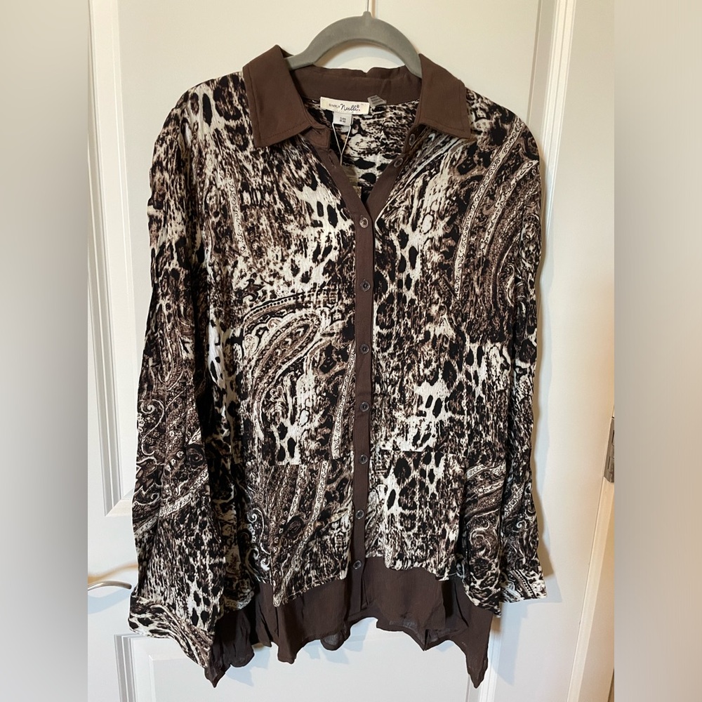 Simply Noelle - Long Sleeve Button Down - Chocolate Animal Print with Ruffle